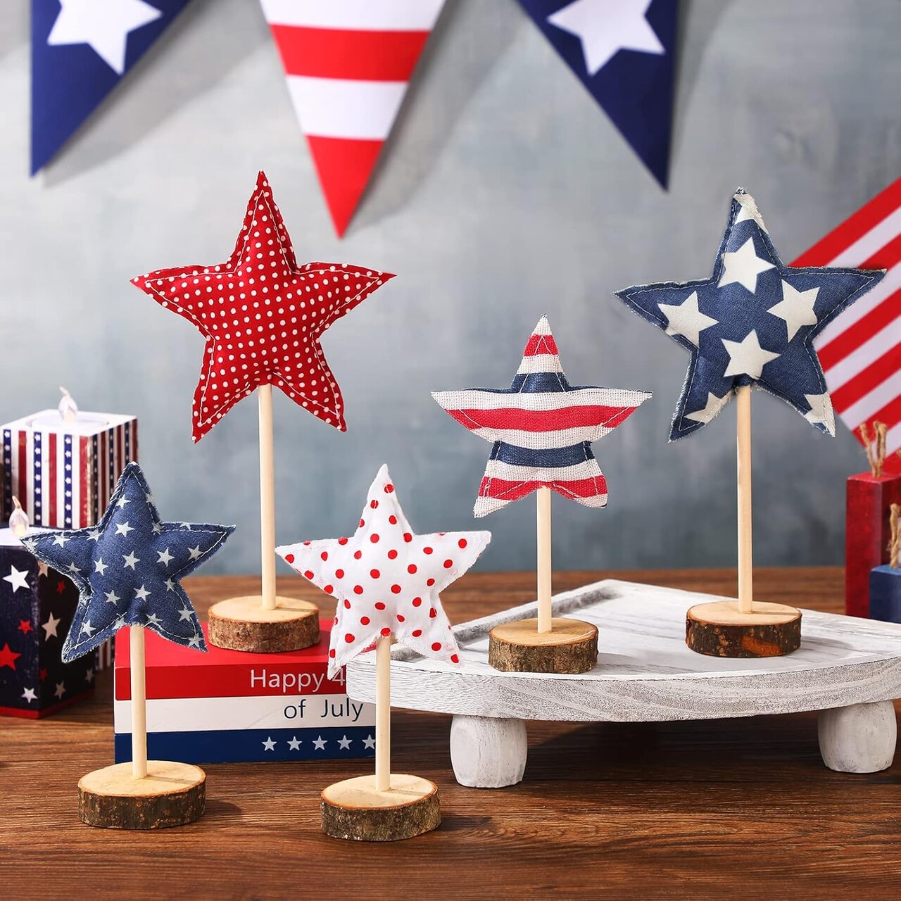 5 Pcs 4th of July Tabletop Centerpiece Standing 3D Star Decor Wood Patriotic Sign Block Fabric Ornaments Rustic Fourth of July Independence Day Crafts for American Festival Party Home Decoration